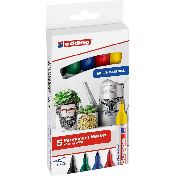 Edding 3000 Pack de 5 Rotuladores Permanentes - Punta Redonda de 1.5mm - Trazo entre 1.5 y 3mm - Recargable - Secado Rapido - C