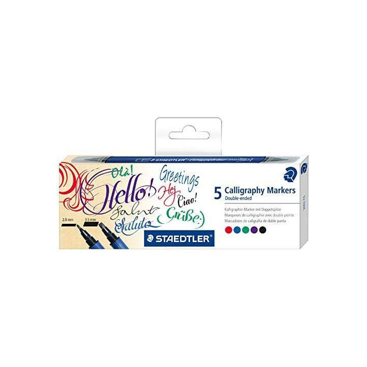 Staedtler 3002 Pack de 5 Rotuladores de Doble Punta para Caligrafia - Tinta Base de Agua - Colores Surtidos
