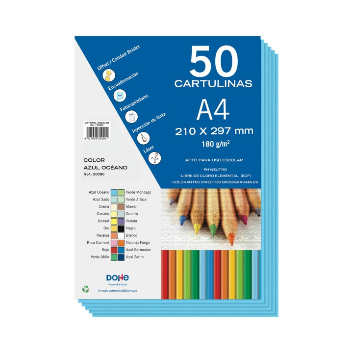 Dohe Pack de 50 Cartulinas A4 de 180gr - Con PH Neutro - Libres de Cloro Elemental - Color Azul Oceano