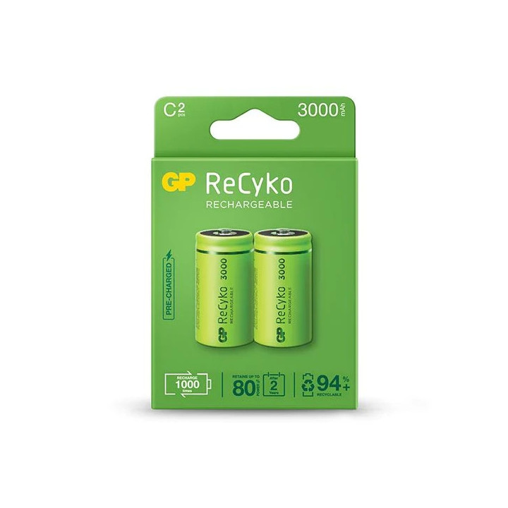 GP ReCyko Pack de 2 Pilas Recargables 3000mAh C 1.2V - Precargadas - Ciclo de Vida: Hasta 1000 Veces