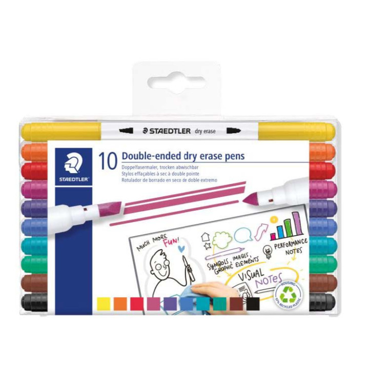 Staedtler Lumocolor 3010 Pack de 10 Marcadores para Pizarra Blanca - Doble Punta Biselada y Conica - Tinta Base de Agua - Color