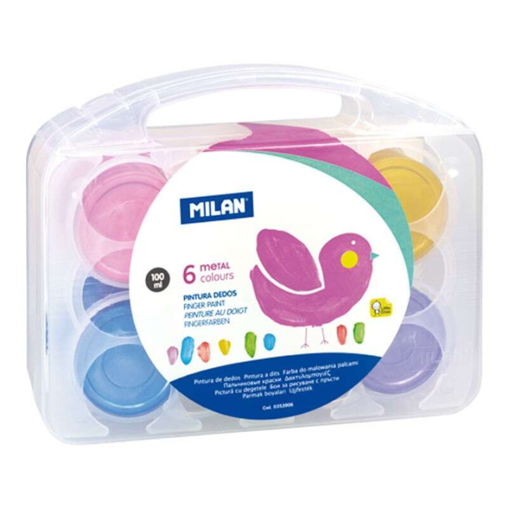 Milan Pack de 6 Botes de Pintura para Dedos - 100ml - Facil Aplicacion - Mezclable - Colores Metalizados Surtidos