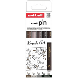 Uni-ball Uni Pin Brush Art Pack de 5 Rotuladores Calibrados Brush y Brush Extra Fino - Punta Poliacetal - Tinta Pigmentada Resi