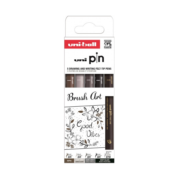 Uni-ball Uni Pin Brush Art Pack de 5 Rotuladores Calibrados Brush y Brush Extra Fino - Punta Poliacetal - Tinta Pigmentada Resi