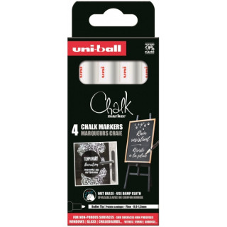 Uni-ball Chalk PWE-5M Pack de 4 Marcadores de Tiza Liquida - Punta Conica 1.8-2.5mm - Borrado en Humedo - Resistente a la Lluvi
