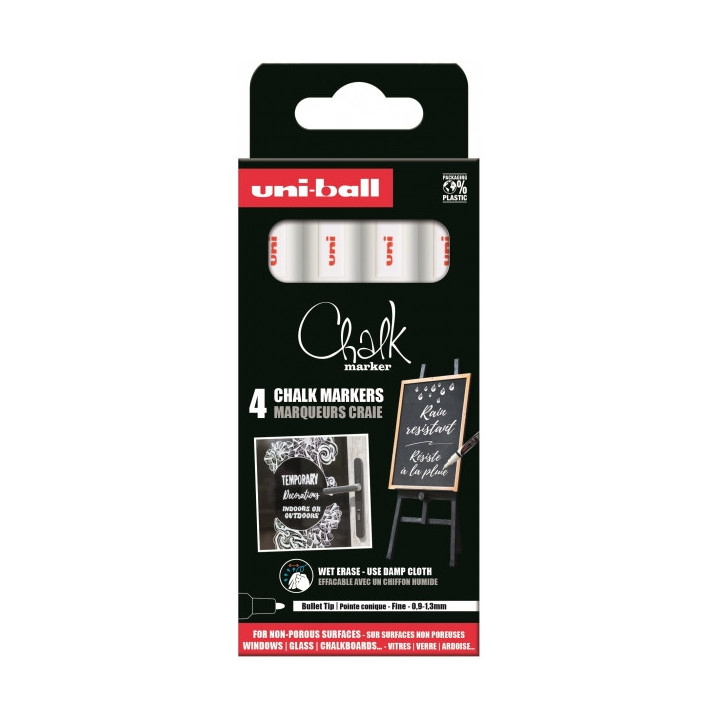 Uni-ball Chalk PWE-5M Pack de 4 Marcadores de Tiza Liquida - Punta Conica 1.8-2.5mm - Borrado en Humedo - Resistente a la Lluvi