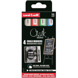 Uni-ball Chalk PWE-5M Pack de 4 Marcadores de Tiza Liquida - Punta Conica 1.8-2.5mm - Borrado en Humedo - Resistente a la Lluvi