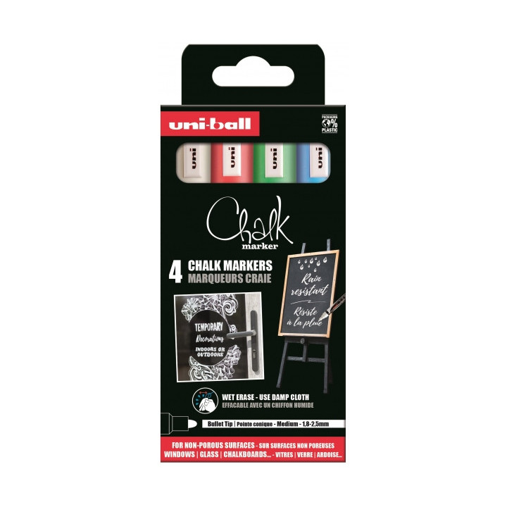 Uni-ball Chalk PWE-5M Pack de 4 Marcadores de Tiza Liquida - Punta Conica 1.8-2.5mm - Borrado en Humedo - Resistente a la Lluvi