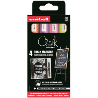 Uni-ball Chalk PWE-5M Pack de 4 Marcadores de Tiza Liquida - Punta Conica 1.8-2.5mm - Borrado en Humedo - Resistente a la Lluvi