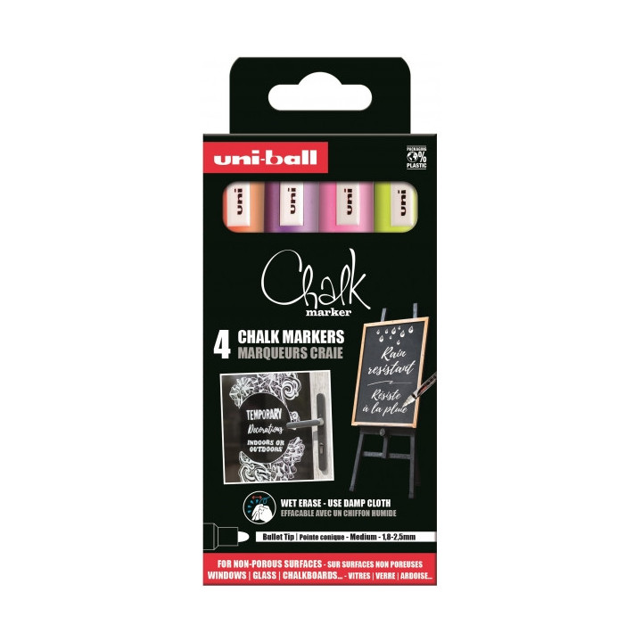 Uni-ball Chalk PWE-5M Pack de 4 Marcadores de Tiza Liquida - Punta Conica 1.8-2.5mm - Borrado en Humedo - Resistente a la Lluvi