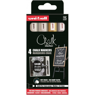Uni-ball Chalk PWE-5M Pack de 4 Marcadores de Tiza Liquida - Punta Conica 1.8-2.5mm - Borrado en Humedo - Resistente a la Lluvi
