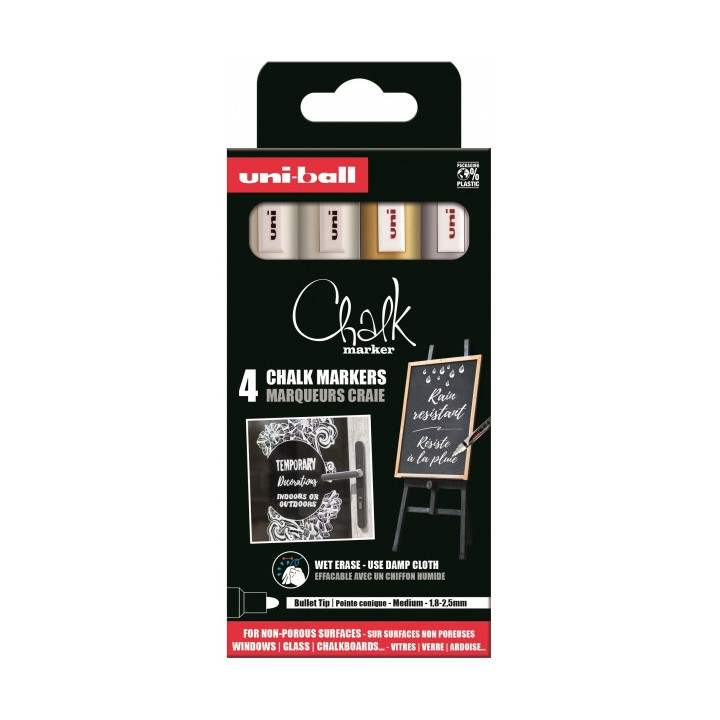 Uni-ball Chalk PWE-5M Pack de 4 Marcadores de Tiza Liquida - Punta Conica 1.8-2.5mm - Borrado en Humedo - Resistente a la Lluvi