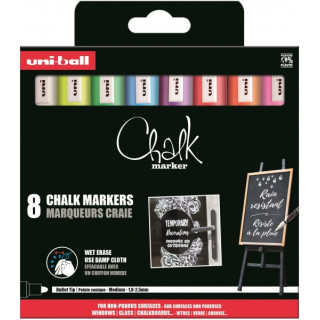 Uni-ball Chalk PWE-5M Pack de 8 Marcadores de Tiza Liquida - Punta Conica 1.8-2.5mm - Borrado en Humedo - Resistente a la Lluvi
