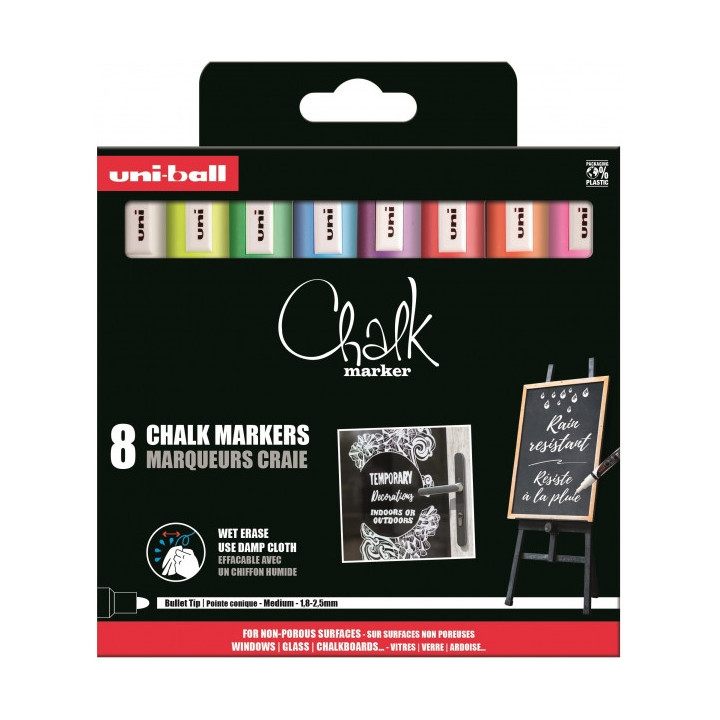 Uni-ball Chalk PWE-5M Pack de 8 Marcadores de Tiza Liquida - Punta Conica 1.8-2.5mm - Borrado en Humedo - Resistente a la Lluvi