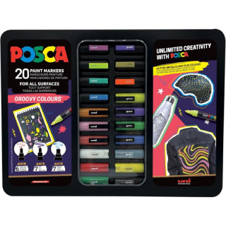 Posca Groovy Colours Maleta Metalica con 20 Marcadores de Pintura - Surtido en Color y Trazo - Punta de Poliester - Tinta Pigme