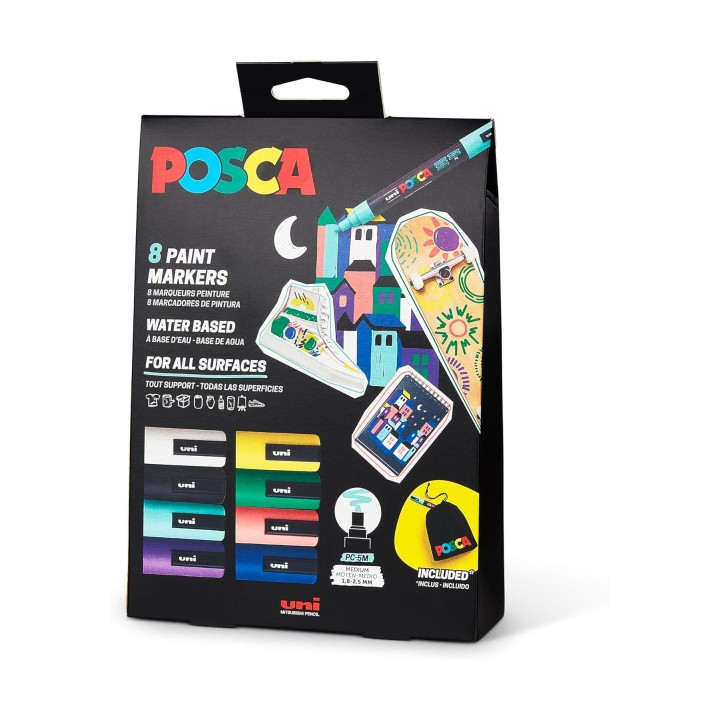Posca Edicion Limitada Pack de 8 Marcadores de Pintura PC5M + Regalo Bolsa de Tela - Punta Redondeada 1.8-2.5mm - Tinta Base al