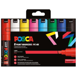 Posca PC-8K/8C Estuche de 8 Marcadores de Pintura - Punta Biselada Acrilica 8mm - Tinta Base al Agua - Resistente a la Luz - Co