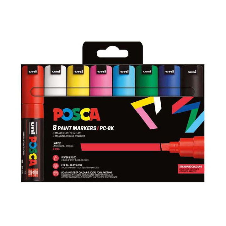 Posca PC-8K/8C Estuche de 8 Marcadores de Pintura - Punta Biselada Acrilica 8mm - Tinta Base al Agua - Resistente a la Luz - Co