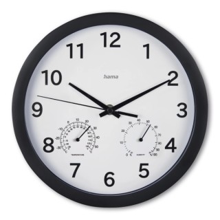Hama Malta Reloj de Pared Analogico - Termometro - Higrometro - Silencioso - Funciona con 1 Pila AA - 25x4cm - Color Negro