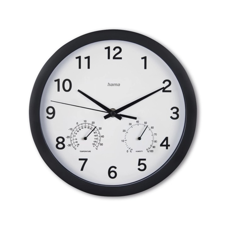 Hama Malta Reloj de Pared Analogico - Termometro - Higrometro - Silencioso - Funciona con 1 Pila AA - 25x4cm - Color Negro