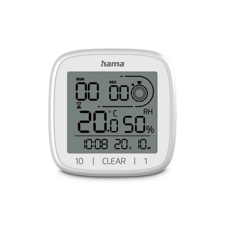 Hama Chipre Reloj Digital con Ventosa - Termometro - Higrometro - IPX4 - Funcion Cuenta Atras - Fecha - 11x11x4.5cm - Color Blan