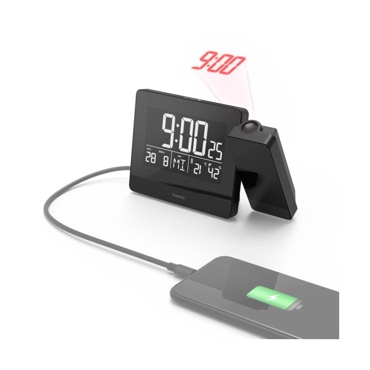 Hama Plus Charge Reloj Despertador Digital con Proyector - Termometro - Higrometro - Funcion de Carga USB-A - Radio - 15x4.5x9.5