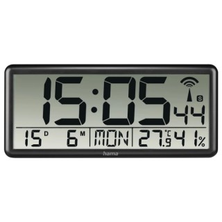 Hama Jumbo Reloj de Pared Digital - Termometro - Higrometro - Zona Horaria Ajustable - Radio - 36x16x3cm - Color Negro
