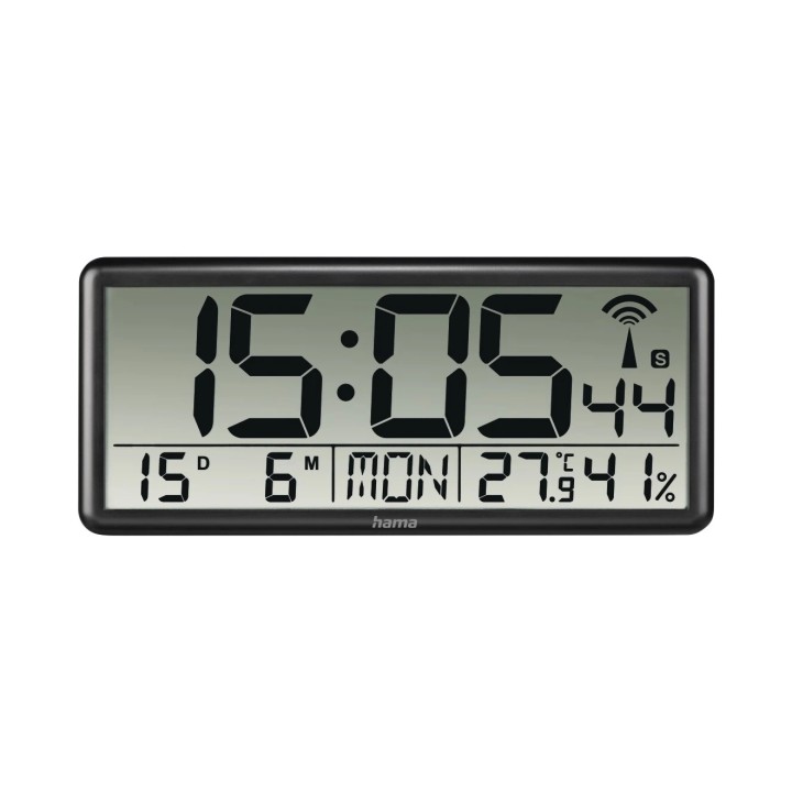 Hama Jumbo Reloj de Pared Digital - Termometro - Higrometro - Zona Horaria Ajustable - Radio - 36x16x3cm - Color Negro