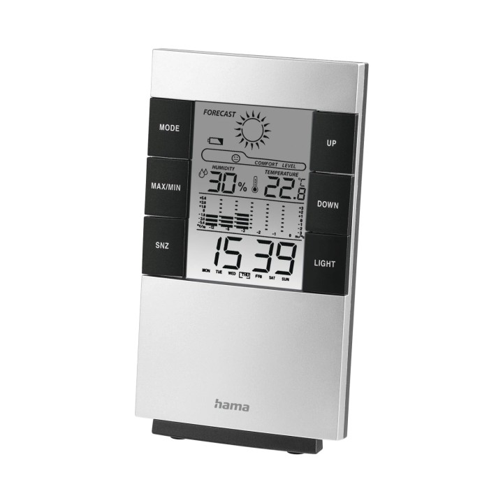 Hama Medidor de Temperatura y Humedad para Interior - Pantalla Digital - Reloj - Alarma - Prevision Meteorologica - Memoria de D