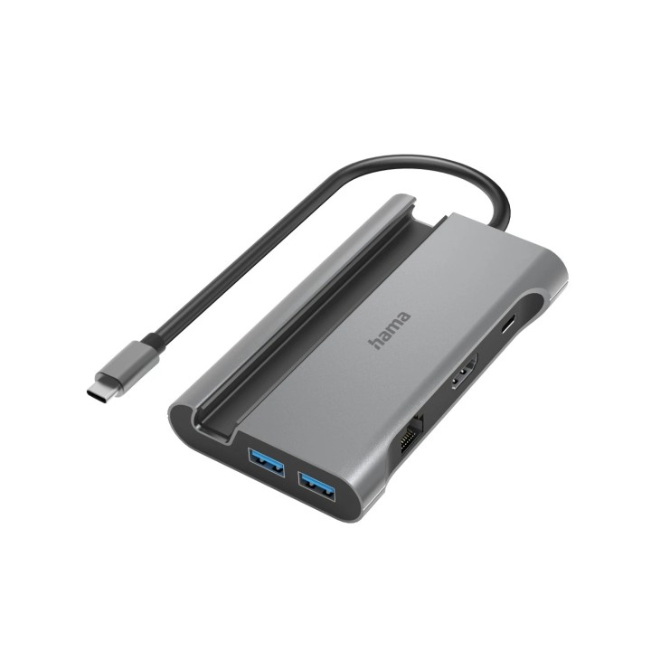Hama Essential Hub USB 3.2 - Potencia Maxima 100W - Cable USB-C Integrado de 15cm - LAN Ethernet 1Gbps - HDMI 4K - 3x USB-A - 2x