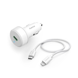 Hama Cargador de Coche 20W - Cable Lightning de 1m - Pantalla LED - Power Delivery - Color Blanco