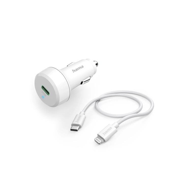 Hama Cargador de Coche 20W - Cable Lightning de 1m - Pantalla LED - Power Delivery - Color Blanco