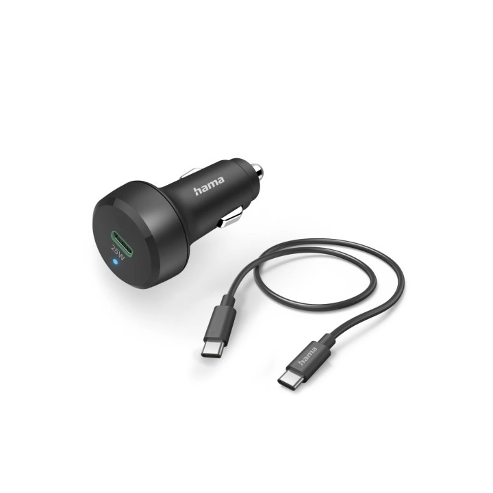 Hama Cargador de Coche 25W - Cable USB-C de 1m - Pantalla LED - Power Delivery - Qualcomm 2.0 - Color Negro