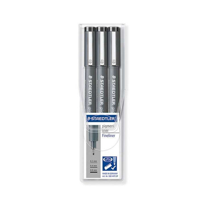 Staedtler Pigment Liner 308 Pack de 3 Rotuladores de Punta Fina - Punta Larga - Secado Rapido - Color Negro