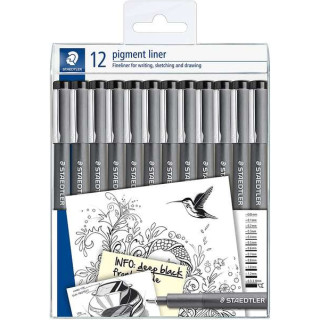 Staedtler Pigment Liner 308 Pack de 12 Rotuladores Calibrados - Tamaños de Puntas Surtidos - Color Negro