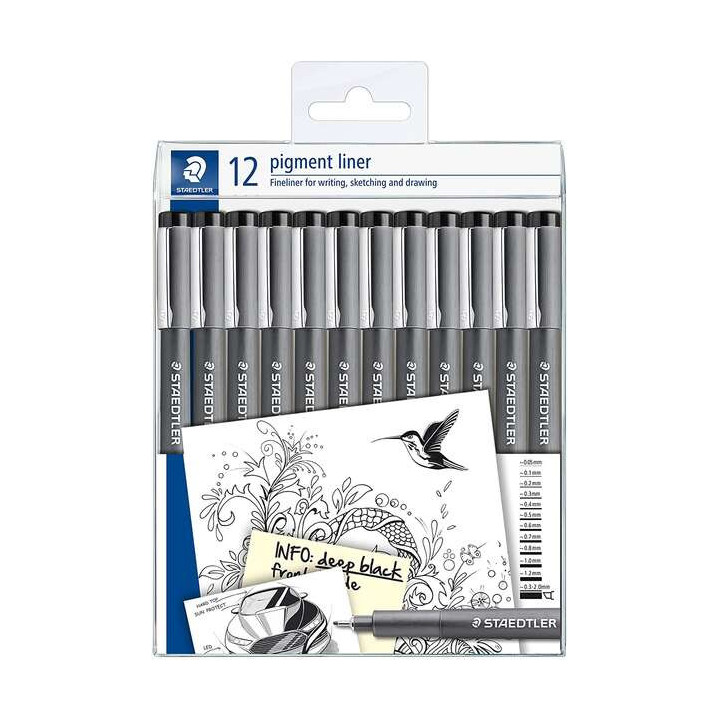 Staedtler Pigment Liner 308 Pack de 12 Rotuladores Calibrados - Tamaños de Puntas Surtidos - Color Negro