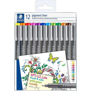 Staedtler Pigment Liner 308 Pack de 12 Rotuladores Calibrados - Trazo 0.5mm - Secado Rapido - Colores Surtidos
