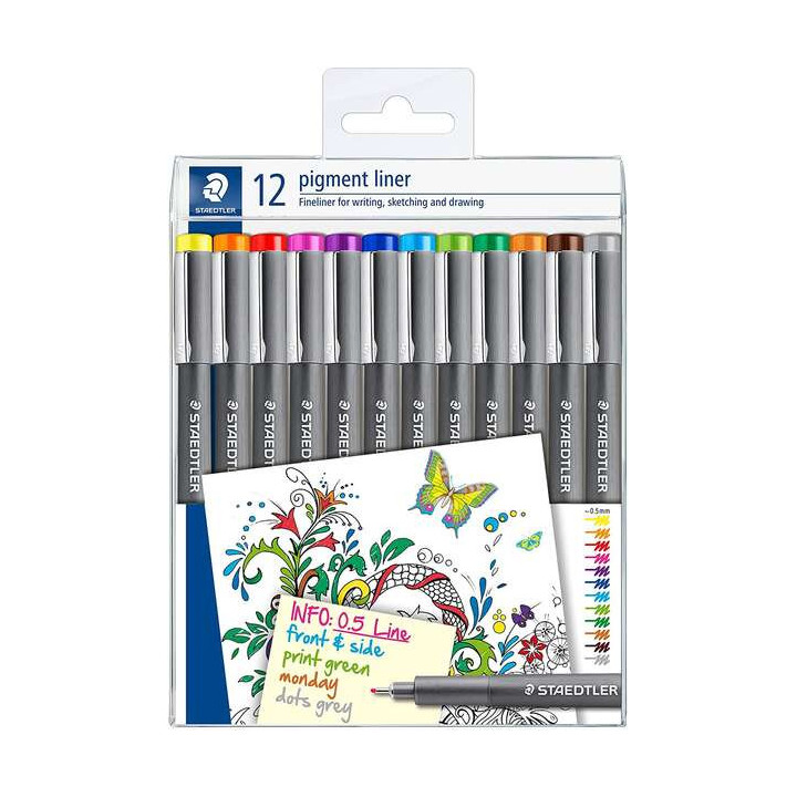 Staedtler Pigment Liner 308 Pack de 12 Rotuladores Calibrados - Trazo 0.5mm - Secado Rapido - Colores Surtidos