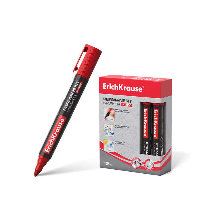 Erichkrause Marcador Permanente P-400 - Punta en Forma de Bala - Resistente a Multiples Superficies - Color Rojo
