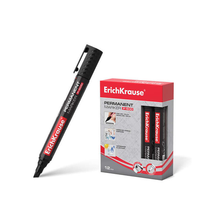 Erichkrause Marcador Permanente P-500 - Punta Biselada - Resistente al Agua y a los Rayos UV - Color Negro