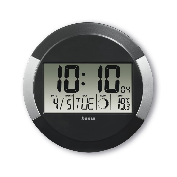 Hama Ischia Reloj de Pared Digital - Termometro - Visualizacion de Fases Lunares - Zona Horaria Ajustable - Radio - 24.5x1.5cm -