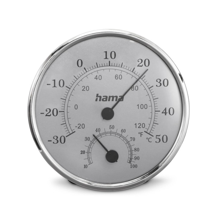 Hama Saipan Medidor de Temperatura y Humedad para Interior - Analogico - Permite Colgar en Pared - Acero Inoxidable - 12.5x2.5x1