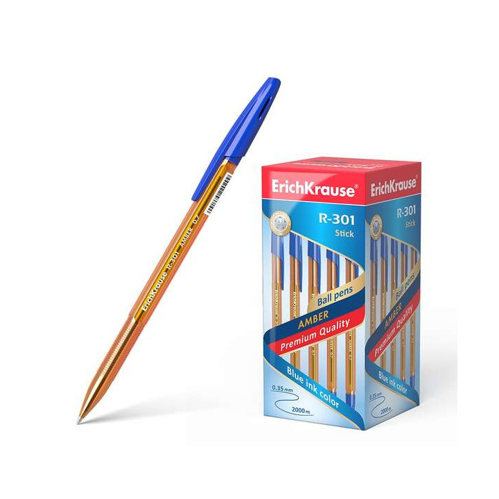 Erichkrause Boligrafo R-301 Amber Stick 0.7 - Cuerpo Hexagonal Translucido - Punta de 0.7mm - Tinta de Secado Rapido - Color Az