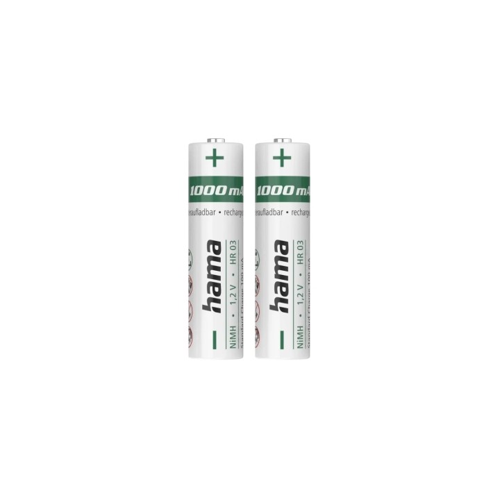 Hama Pack de 2 Pilas Recargables AAA - NiMH - Voltaje 1.2V - 1000mAh - Color Blanco