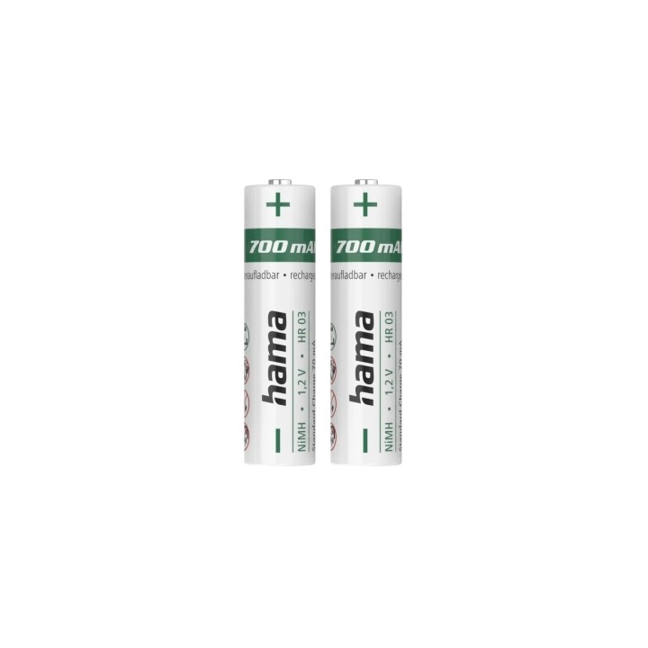 Hama Pack de 2 Pilas Recargables AAA - NiMH - Voltaje 1.2V - 700mAh - Color Blanco