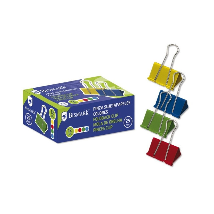 Bismark Pack de 12 Pinzas Sujetapapeles Metalicas de 25mm - Pala Abatible - Colores Surtidos