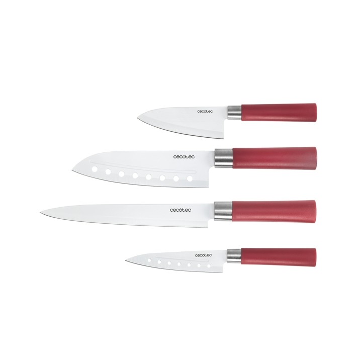 Cecotec santoku Pack de 4 Cuchillos Profesionales - Hoja de 2mm de Grosor - Recubrimiento Ceramico - Acero Inoxidable con Base d