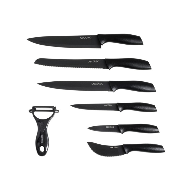 Cecotec titanium Pack de 7 Cuchillos Profesionales - Hoja de 2mm de Grosor - Acero Inoxidable con Recubrimiento Ceramico - Mango