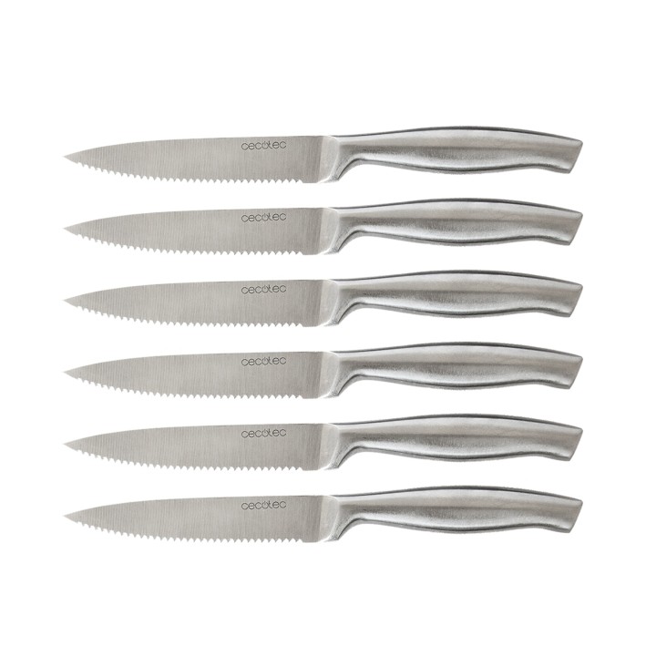 Cecotec Pack de 6 Cuchillos Dentados - Hoja de 1.8mm de Grosor - Hoja de 12cm - Mango de 11.6cm - Acero Inoxidable - Sierra para