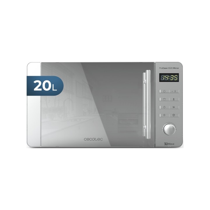 Cecotec ProClean 5020 Mirror Microondas - Potencia 700W - Capacidad 20L - Pantalla LED - Acero Inoxidable - Seguro Infantil - Re